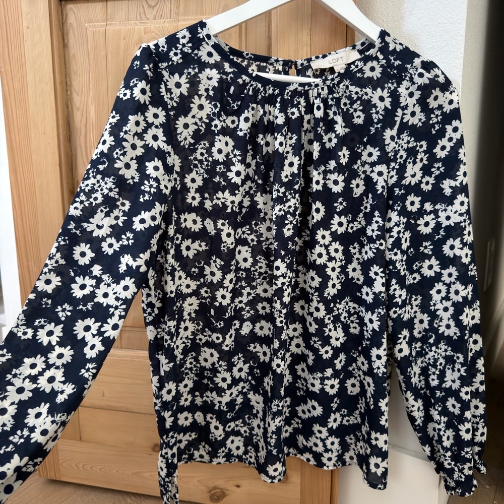 LOFT Navy and White Floral Long-Sleeve Top